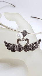 Sterling Silver Marcasite Two Swan Bird Pendant on Silver Choker