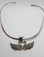 Sterling Silver Marcasite Two Swan Bird Pendant on Silver Choker