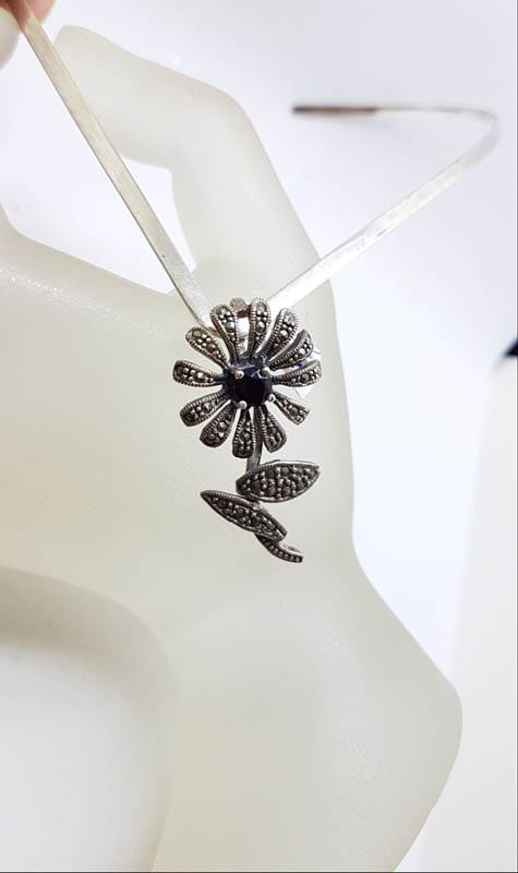 Sterling Silver Marcasite and Garnet Flower Pendant on Silver Choker Chain / Necklace