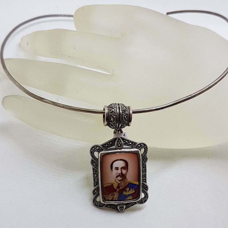 Sterling Silver Marcasite Large Rectangular Enamel Locket (Prince of Thailand) Pendant on Sterling Silver Choker Chain