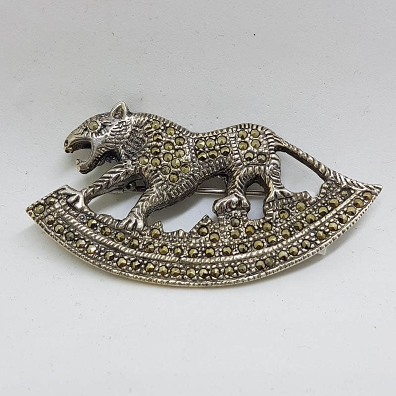 Sterling Silver Large Marcasite Big Cat on Crescent Brooch - Puma / Jaguar