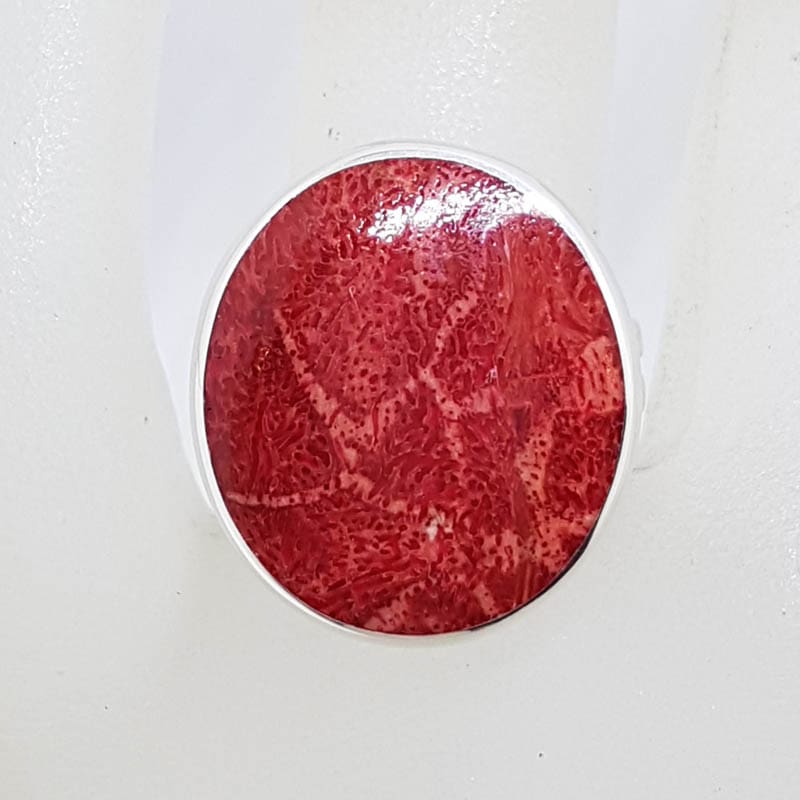 Sterling Silver Large Oval / Round Red Coral Adjustable Band Ring