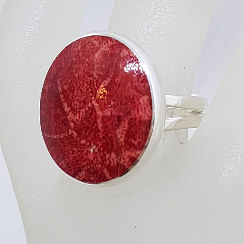 Sterling Silver Large Oval / Round Red Coral Adjustable Band Ring
