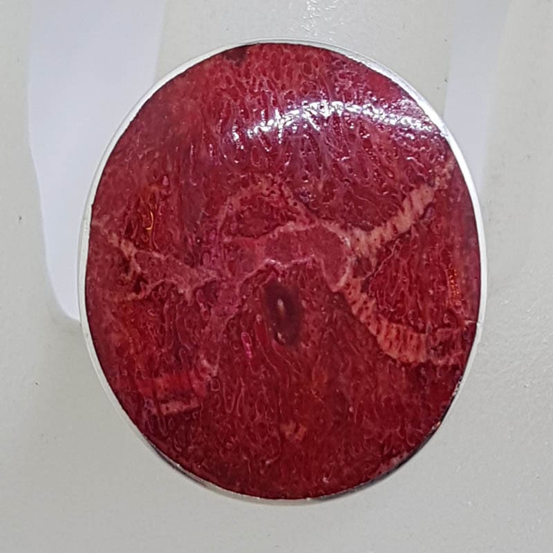 Sterling Silver Large Oval / Round Red Coral Ring