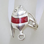 Sterling Silver Red Coral Fish Ring