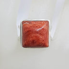 Sterling Silver Square with Open Band Red Coral Ring