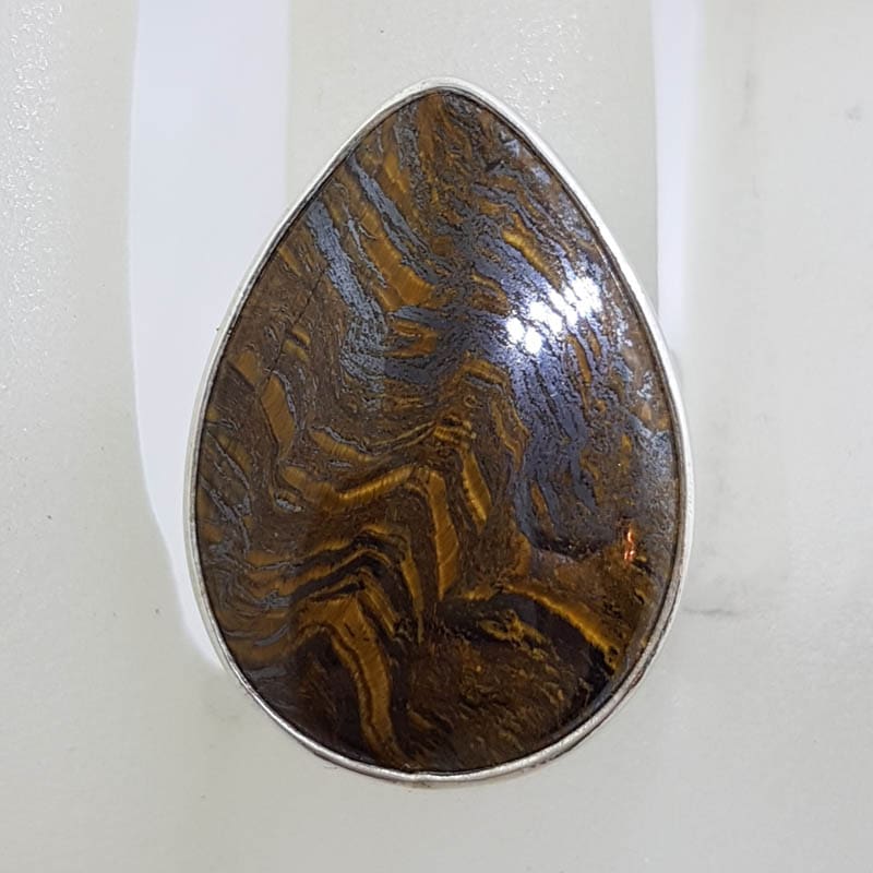 Sterling Silver Large Teardrop / Pear Shape Tiger Eye Ring with Ornate Sides