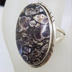 Sterling Silver Large Oval Turritella Agate / Fossil Stone with Patterned Rim Ring