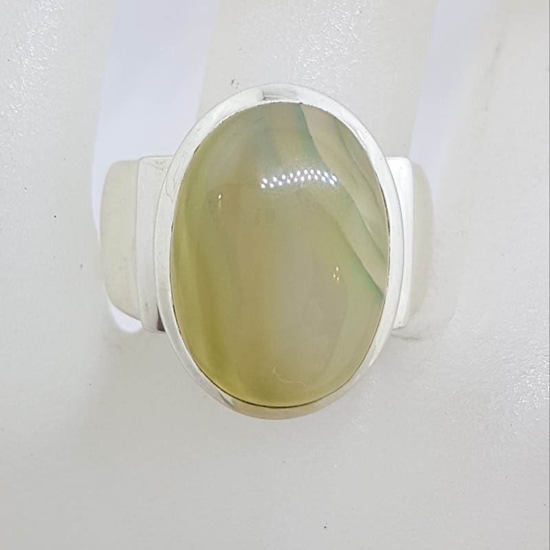 Sterling Silver Large Banded Green Agate Wide Ring
