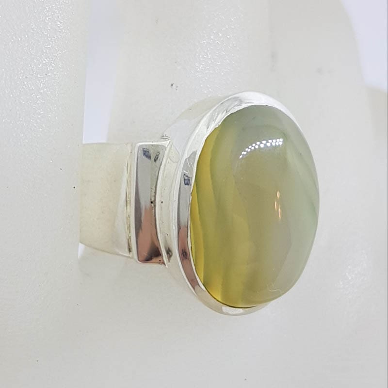 Sterling Silver Large Banded Green Agate Wide Ring