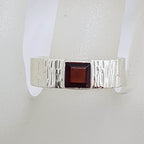 Sterling Silver Square Garnet in Wide Patterned Band Ring