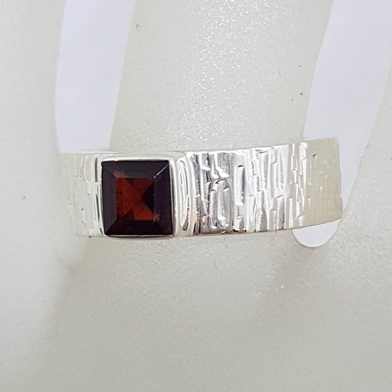 Sterling Silver Square Garnet in Wide Patterned Band Ring