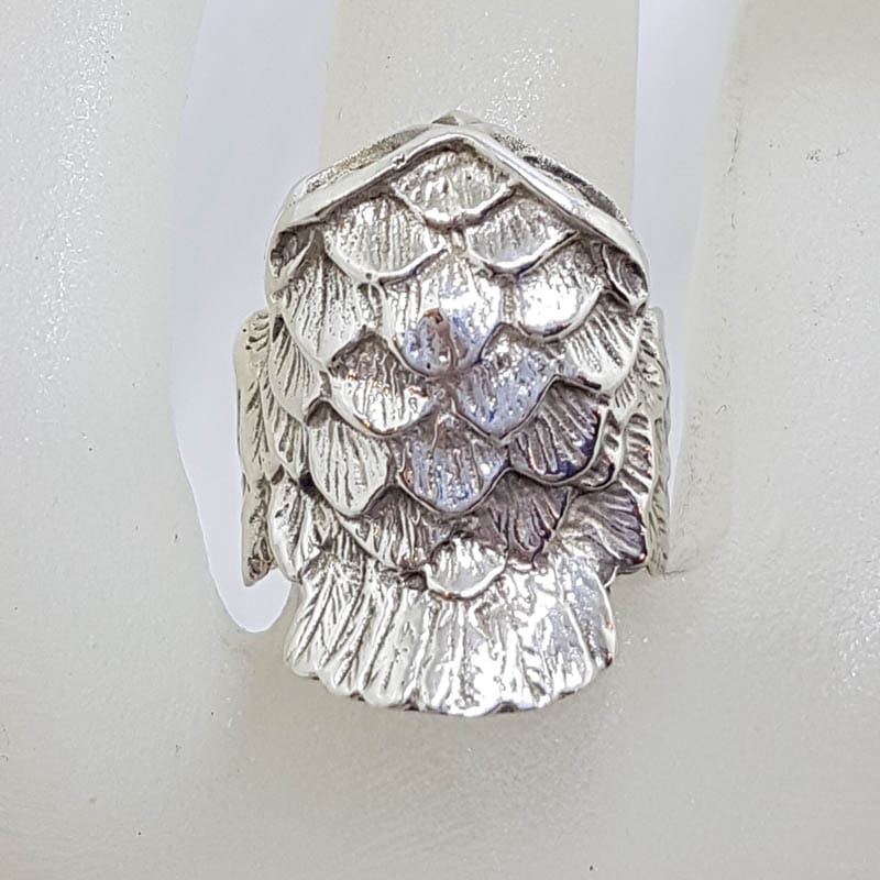 Sterling Silver Large and Unusual Ornate Owl Ring with Plated Eyes