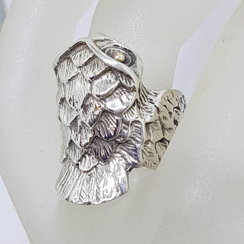 Sterling Silver Large and Unusual Ornate Owl Ring with Plated Eyes