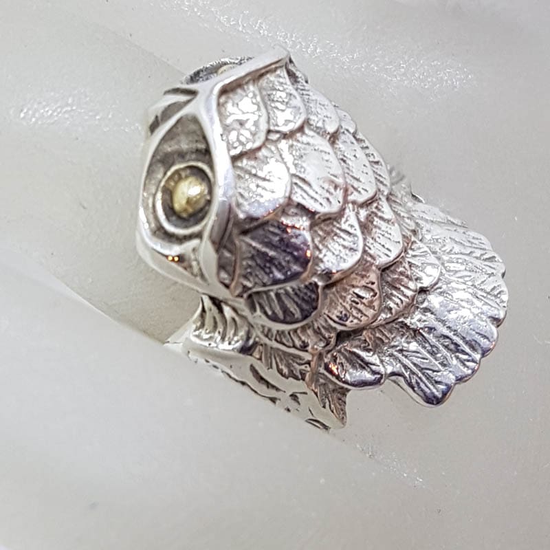 Sterling Silver Large and Unusual Ornate Owl Ring with Plated Eyes