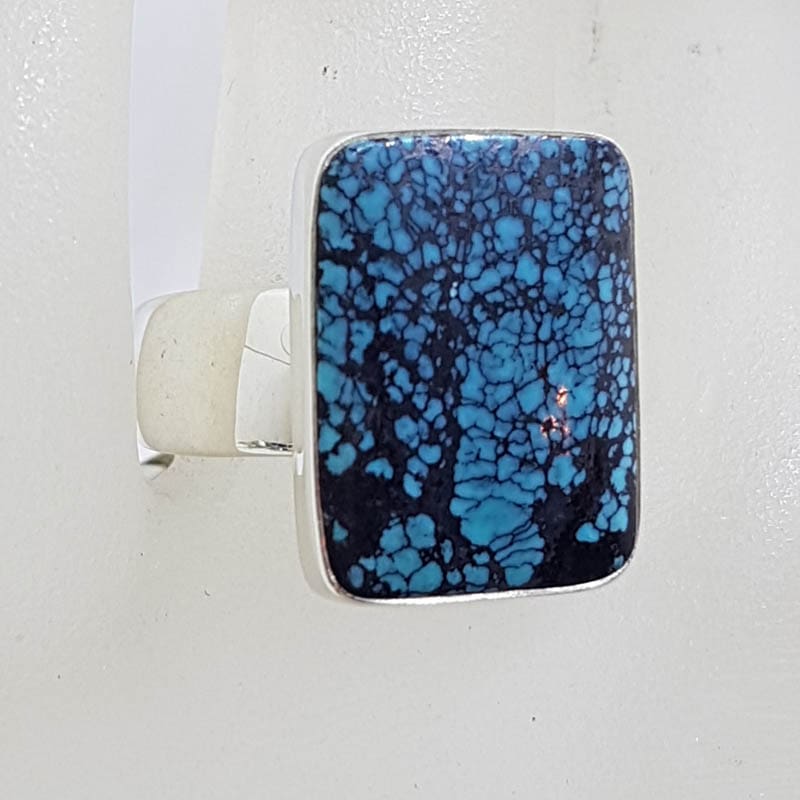 Sterling Silver Rectangular Natural Turquoise on Wide Band Ring