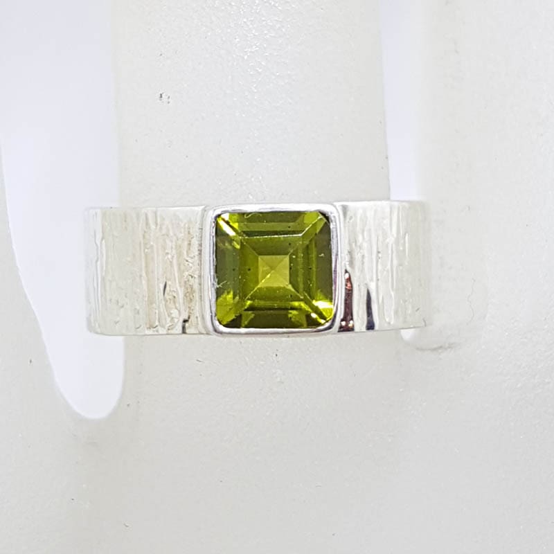 Sterling Silver Square Peridot in Wide Patterned Band Ring