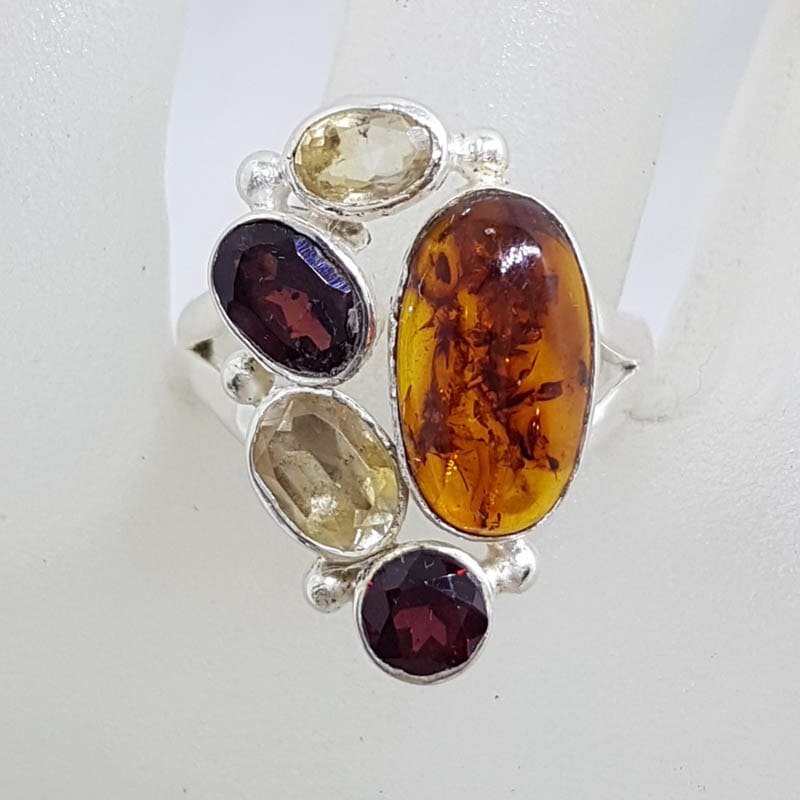 Sterling Silver Natural Garnet and Citrine with Faux Stone Cluster Ring