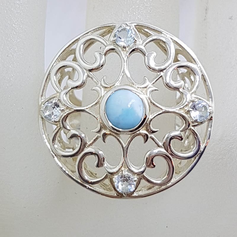 Sterling Silver Large Round Ornate Filigree Larimar with Topaz Ring