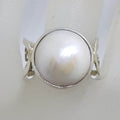 Sterling Silver Round White Mabe Pearl with Open Ornate Design Sides Ring