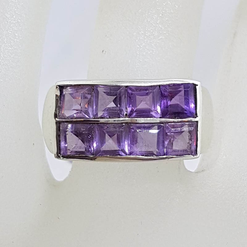 Sterling Silver Wide Two Row Square Amethysts Band Ring