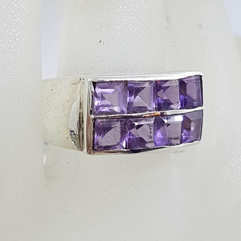 Sterling Silver Wide Two Row Square Amethysts Band Ring
