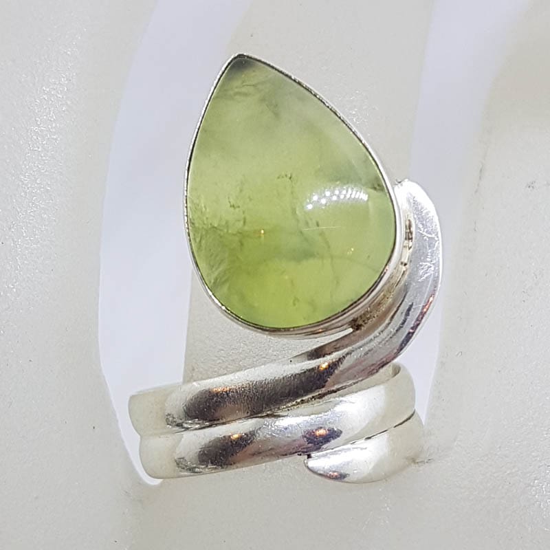 Sterling Silver Large Teardrop / Pear Shape Cabochon Cut Prehnite Swirl Ring