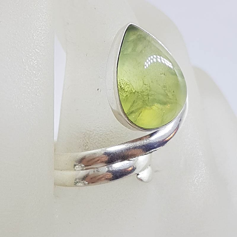 Sterling Silver Large Teardrop / Pear Shape Cabochon Cut Prehnite Swirl Ring