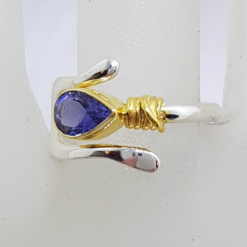 Sterling Silver &amp; Plated Teardrop / Pear Shape Iolite Wishbone Ring