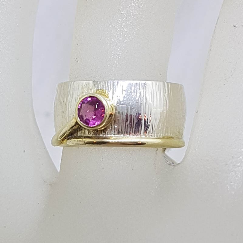 Sterling Silver and Plated Wide Patterned Band Ring with Round Ruby