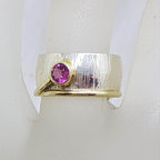 Sterling Silver and Plated Wide Patterned Band Ring with Round Ruby
