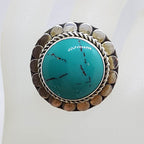Sterling Silver Large Round Vintage Turquoise-Coloured Ring with Patterned Rim