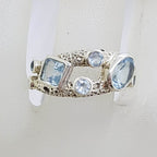 Sterling Silver Unusual Cluster Blue Topaz Ring with Square, Round and Oval Cut Stones