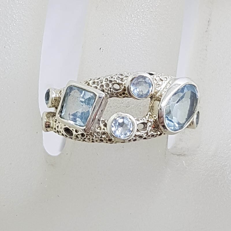 Sterling Silver Unusual Cluster Blue Topaz Ring with Square, Round and Oval Cut Stones