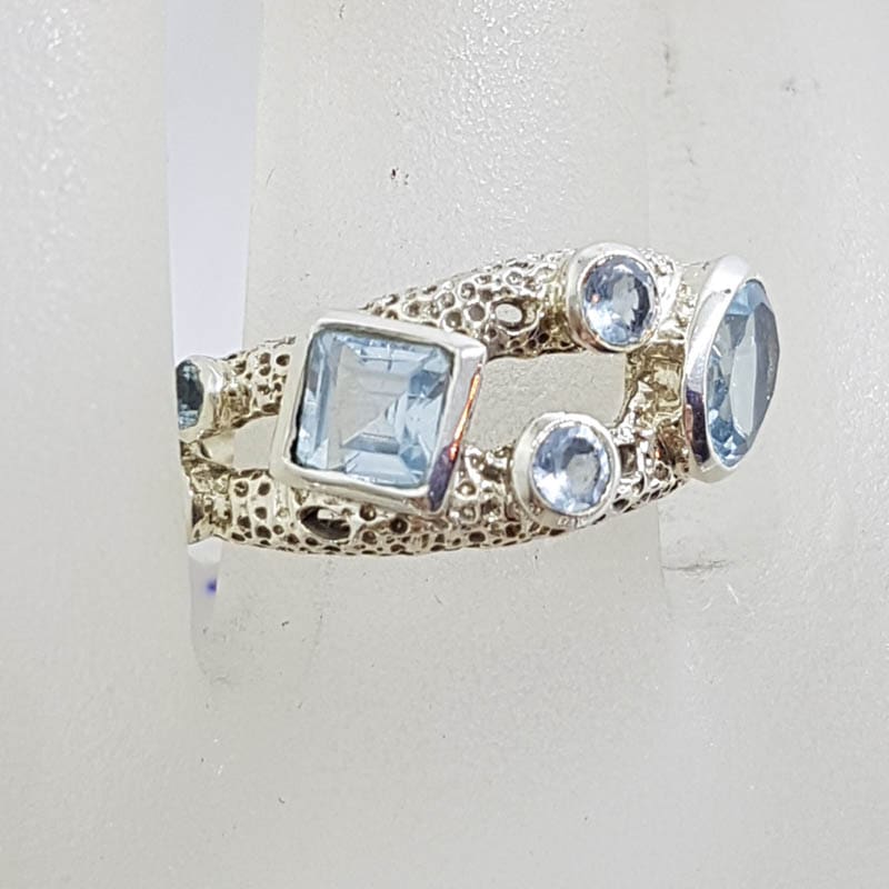 Sterling Silver Unusual Cluster Blue Topaz Ring with Square, Round and Oval Cut Stones