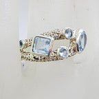 Sterling Silver Unusual Cluster Blue Topaz Ring with Square, Round and Oval Cut Stones