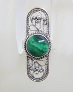 Sterling Silver Round Malachite in Elongated Long Oval Ornate Filigree Ring