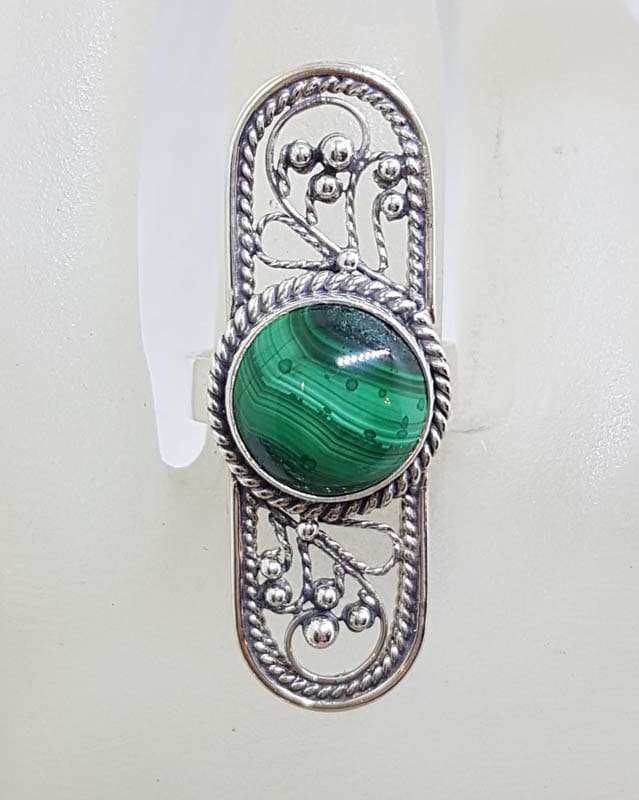 Sterling Silver Round Malachite in Elongated Long Oval Ornate Filigree Ring