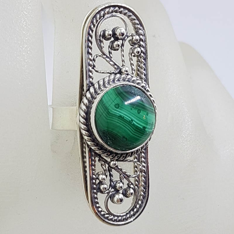 Sterling Silver Round Malachite in Elongated Long Oval Ornate Filigree Ring