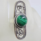 Sterling Silver Round Malachite in Elongated Long Oval Ornate Filigree Ring
