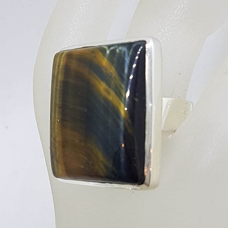 Sterling Silver Large Square Blue Tiger Eye Ring