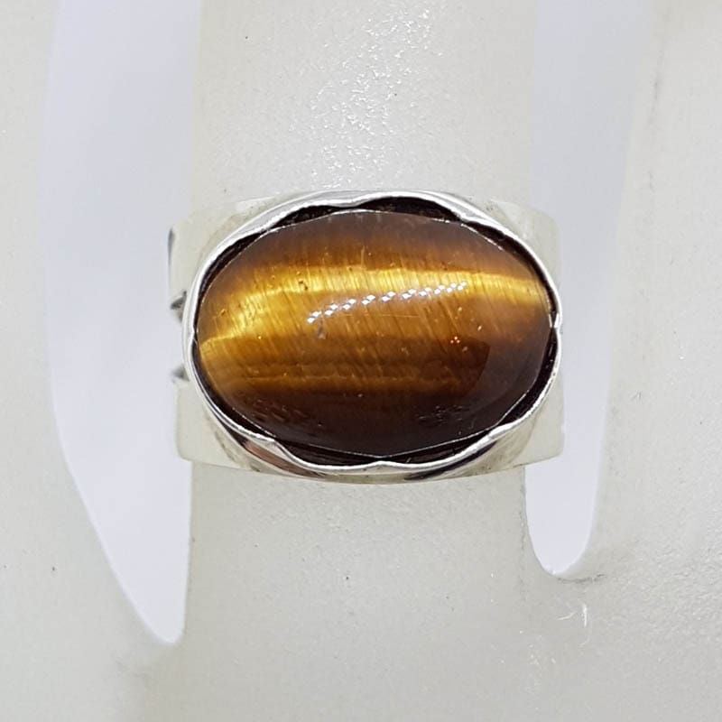 Sterling Silver Large Oval Tiger Eye on Wide Open Band Ring