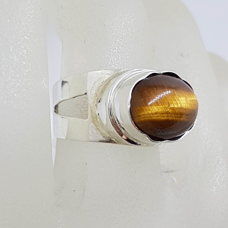 Sterling Silver Large Oval Tiger Eye on Wide Open Band Ring