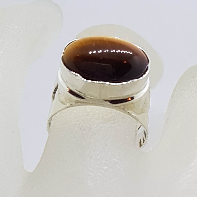 Sterling Silver Large Oval Tiger Eye on Wide Open Band Ring