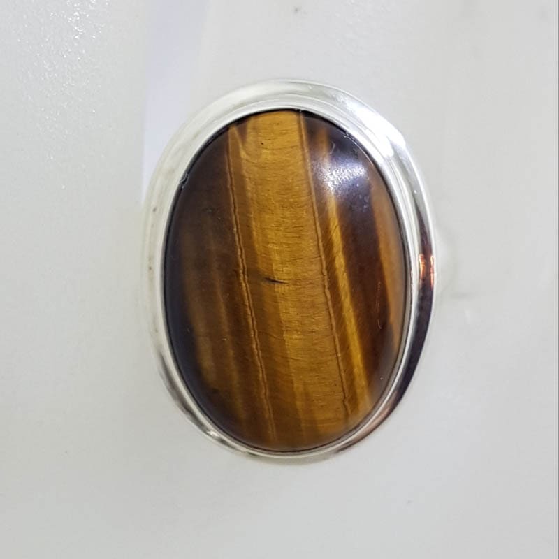 Sterling Silver Large Oval Tiger Eye with Rim Ring