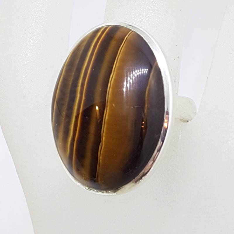 Sterling Silver Very Large Oval Tiger Eye Ring