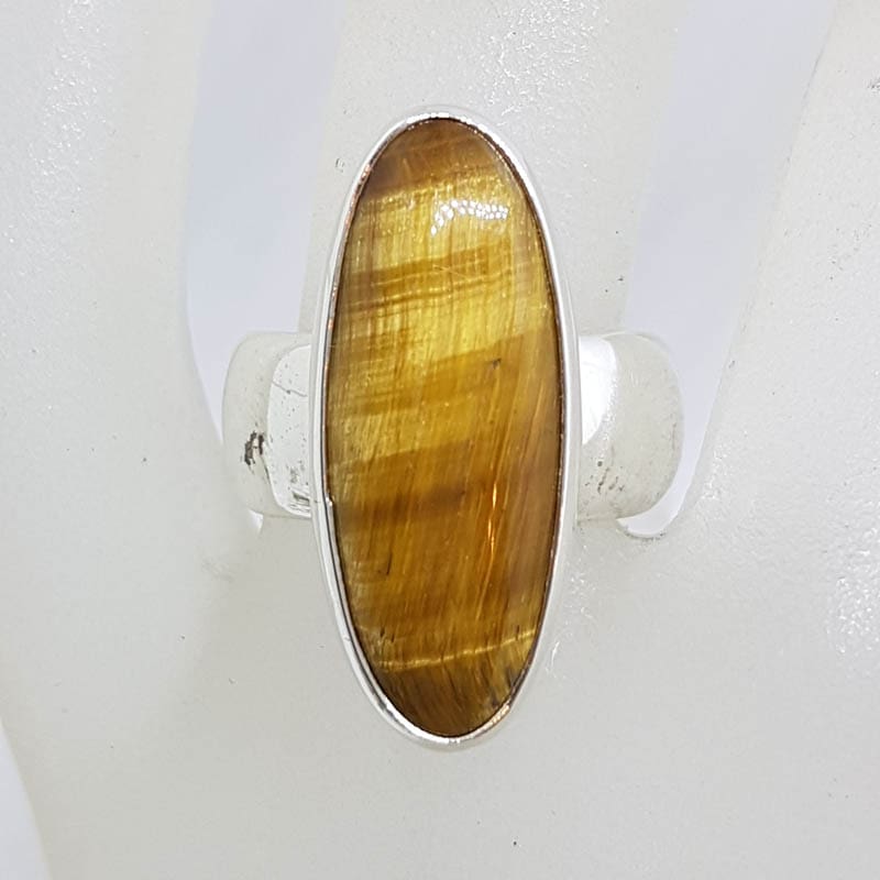 Sterling Silver Large Elongated Oval Tiger Eye Ring - Wide Band