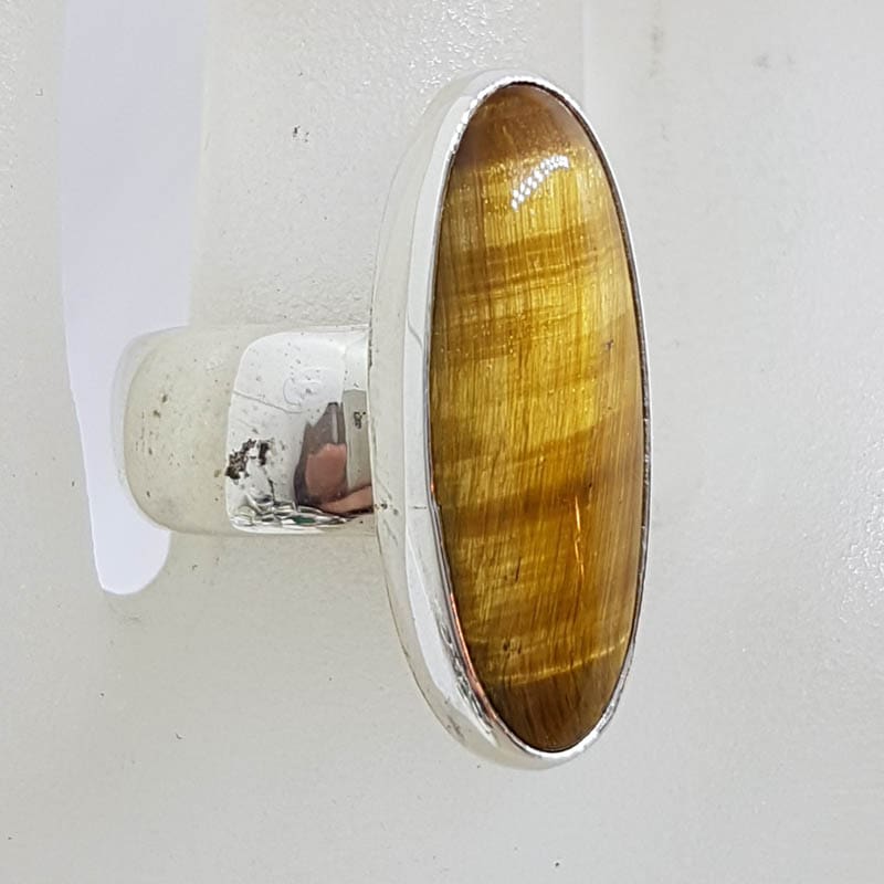Sterling Silver Large Elongated Oval Tiger Eye Ring - Wide Band
