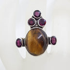 Sterling Silver Large Oval Tiger Eye with Garnet Ornate / Unusual Ring