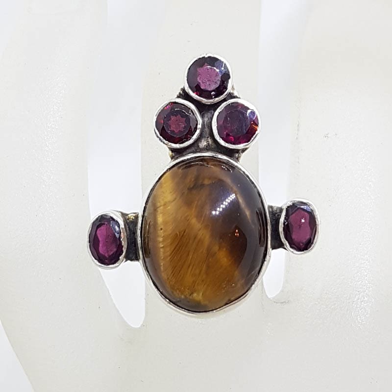 Sterling Silver Large Oval Tiger Eye with Garnet Ornate / Unusual Ring